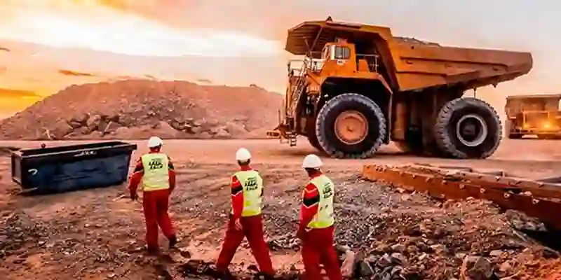 tres ingenieros observando camión de minería